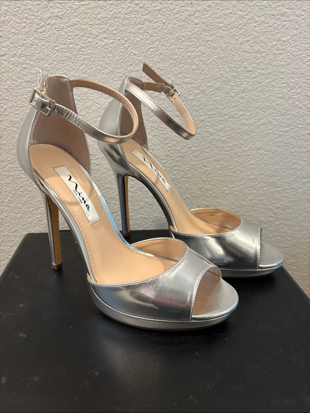 Nina Silver Metallic Peep-Toe Ankle Strap Stilettos